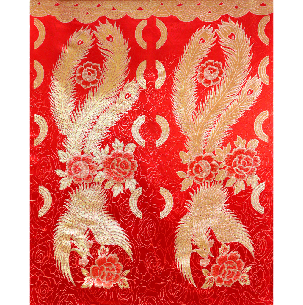 Golden Phoenix with Peony and Ring Design Brocade Fabric - Red