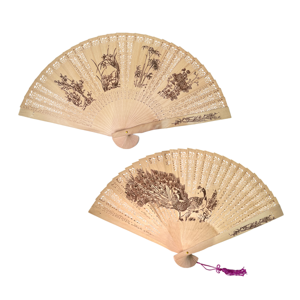 Two beige hand fans with black floral patterns on a white background
