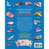 Back cover of an origami kit featuring colorful dragon-themed paper airplanes and text about the product.