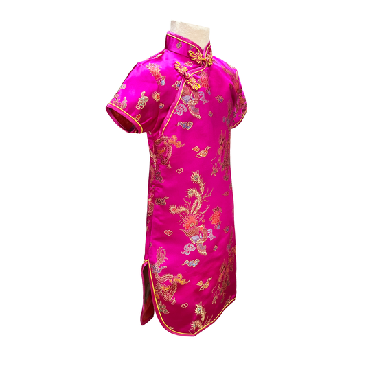 Fuchsia Short Sleeve Brocade Girls Dress with Dragon Phoenix Pattern