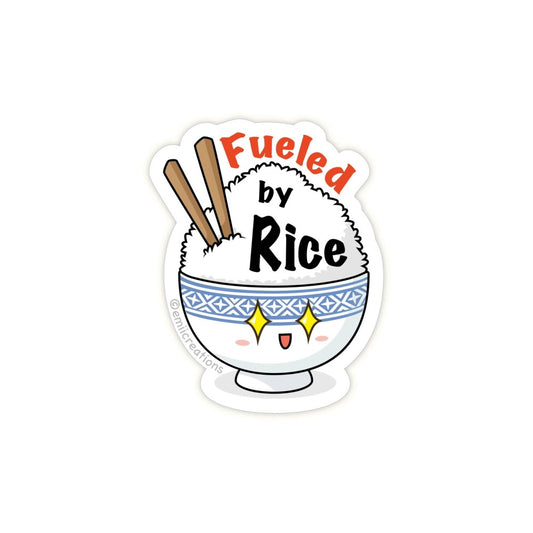 The Fueled by Rice sticker features a bowl of rice with chopsticks, and the playful text "Fueled by Rice" written in bold letters.