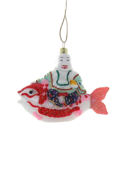 Lucky Fish Ornament-buddha sitting on a red and white fish