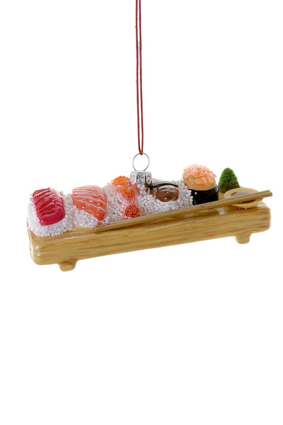 Assorted sushi on board Christmas tree ornament.