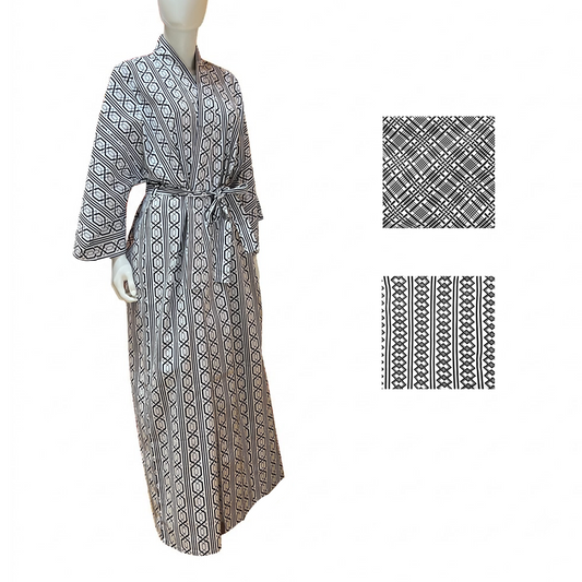 Black on white geo pattern print robe, ankle length with design palettes on the side