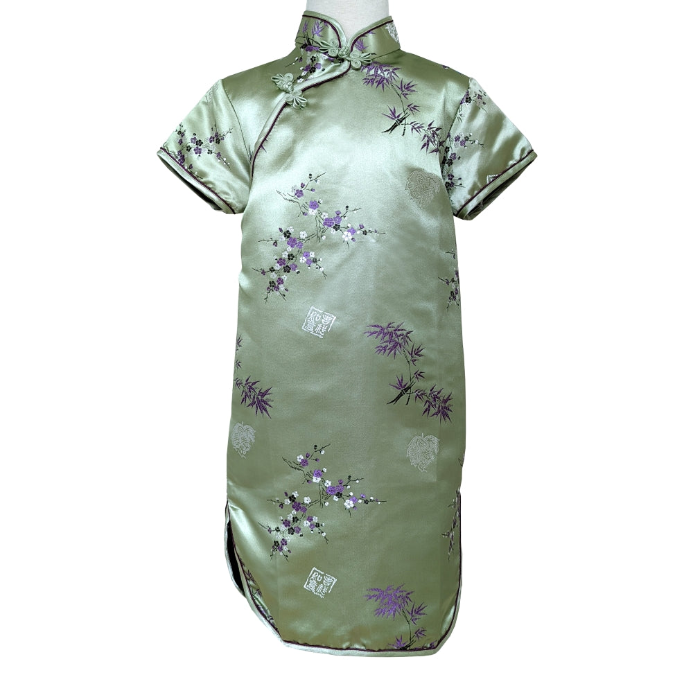 Pale Green Bamboo Floral Short Sleeve Brocade Girls Dress