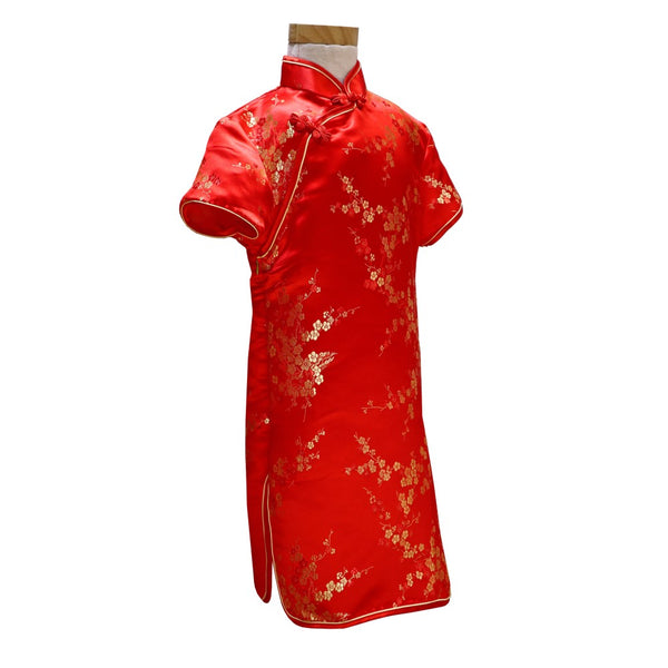 Girls Short Sleeve Brocade Dress - Red