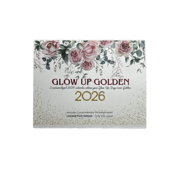 2026 'Glow Up Golden' calendar with floral design on a white background
