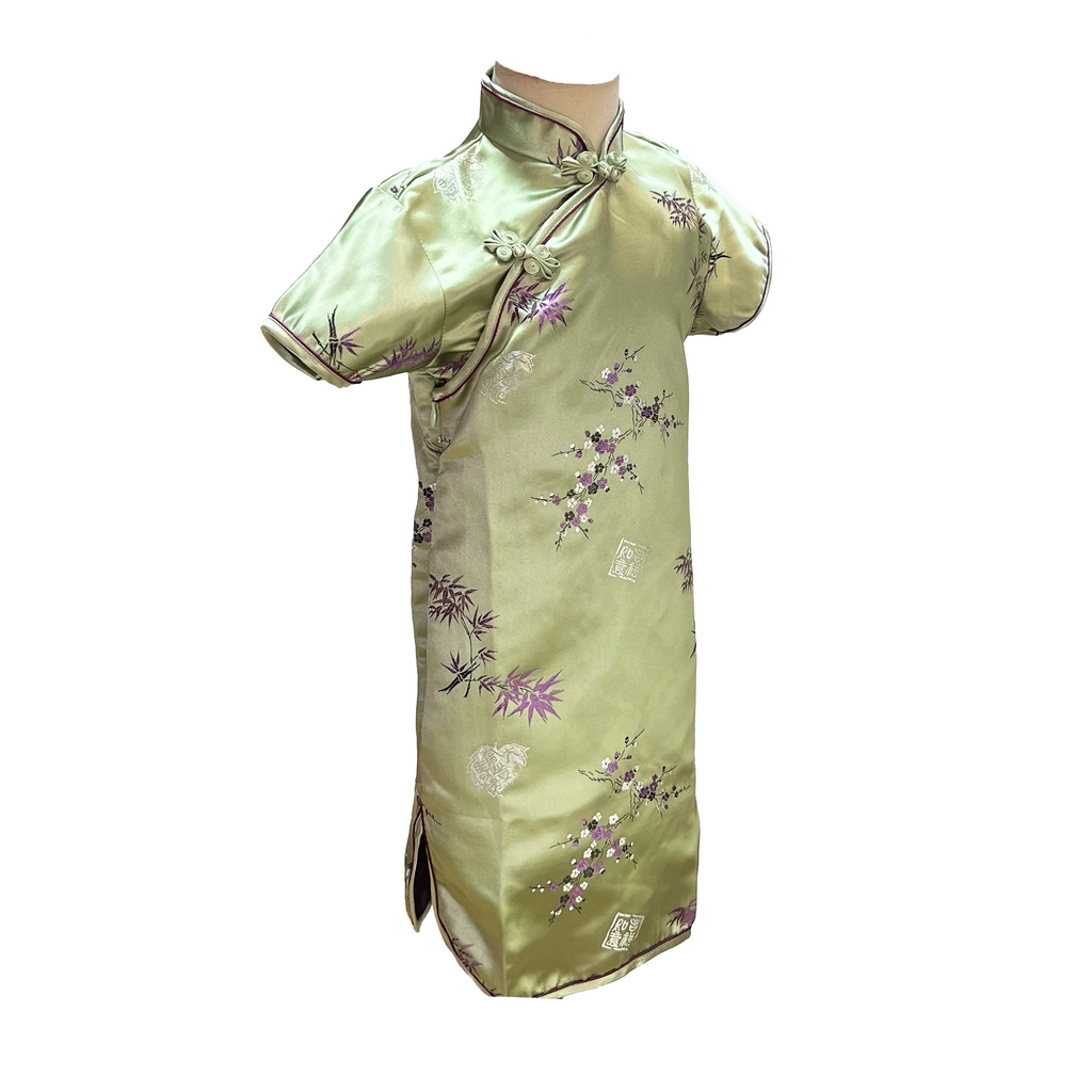 Green Bamboo Floral Short Sleeve Brocade Girls Dress