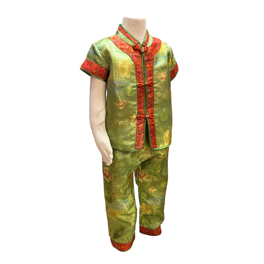 Traditional kids outfit in green with red trim and floral pattern on mannequin