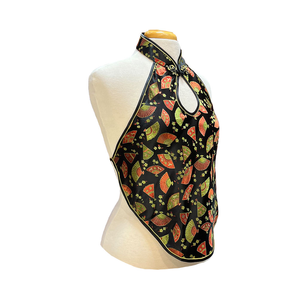 Brocade Apron Halter Top - Black with Fans