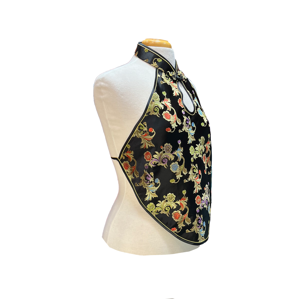 Brocade Apron Halter Top - Black with Ferns and Flowers