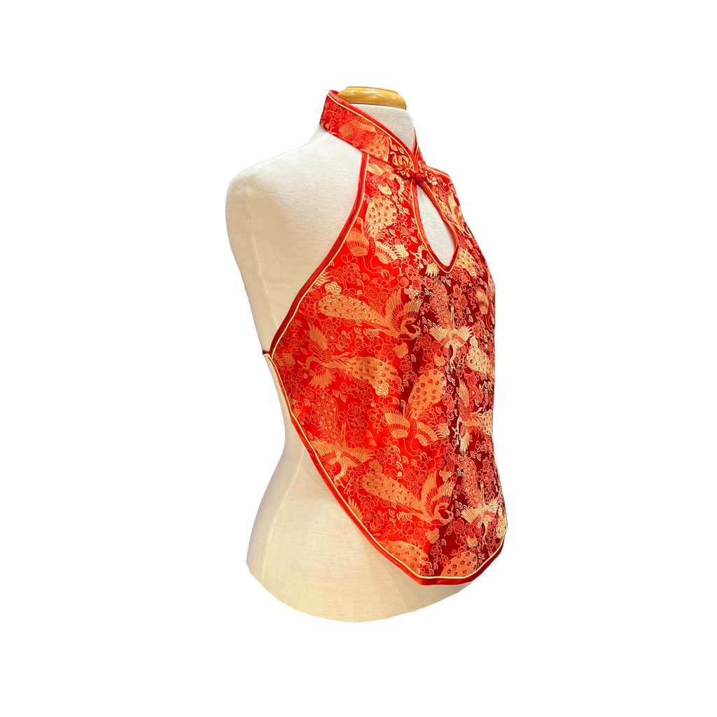 Brocade Apron Halter Top - Red with Peacocks