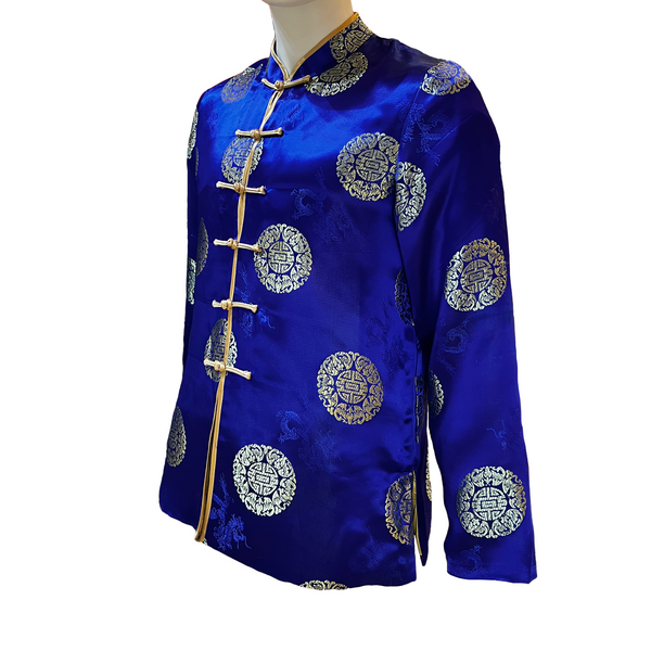 Blue traditional jacket with gold and white patterns on a white background