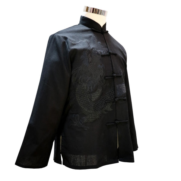 Embroidered Dragon Design Mandarin Collar Jacket -  Cotton Twill in Black
