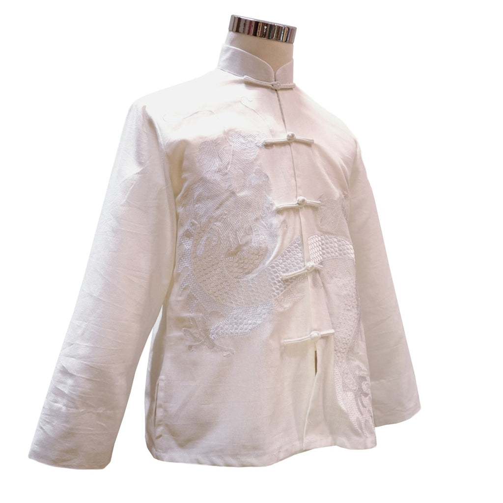 White Tang Jacket with Embroidered Dragon - Cotton Twill