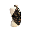 Black halter top with colorful dragons and phoenixes on a mannequin against a white background