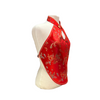 Red halter top with dragons and phoenixes on a mannequin against a white background