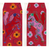 Two colorful horse illustrations on red backgrounds with floral patterns, signed 'Hyesu Lee'.