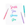 Oh My Glitter! Gel Pens - Set of 4 sample cursive writing: "Sparkle" in pink, "Shine" in purple, "Glimmer" in blue, and "Glow" in green.