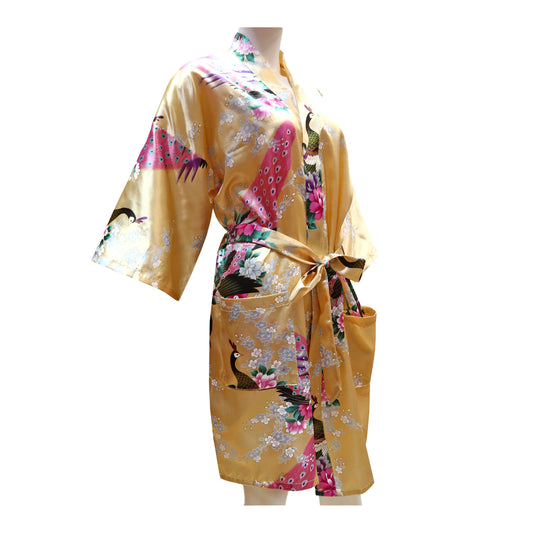 yellow Thigh-Length Robe Peacock Print