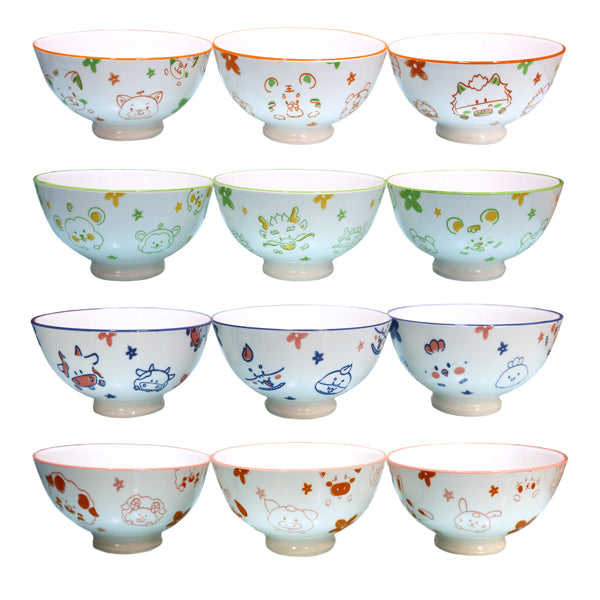 12 bowls, each designed with a specific zodiac: dragon, mouse, monkey, snake, bull, pig, rabbit, sheep, dog, chicken,tiger, and horse 