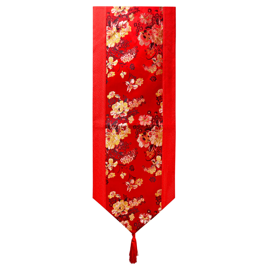 Brocade Table Runner with Hibiscus Pattern - Red (13 x 60 in.)