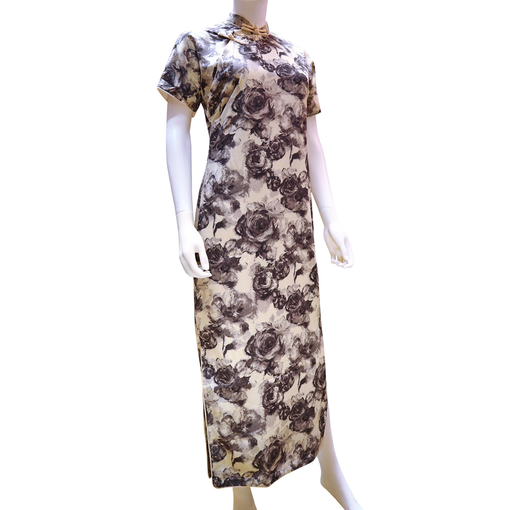 Short Sleeve Qipao - White with Navy Blue Flowers