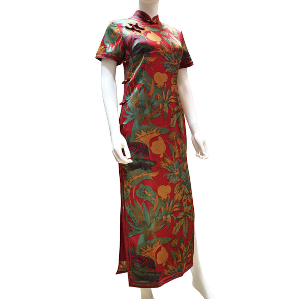 Short Sleeve Qipao - Dark Red with Teal and Gold Flowers