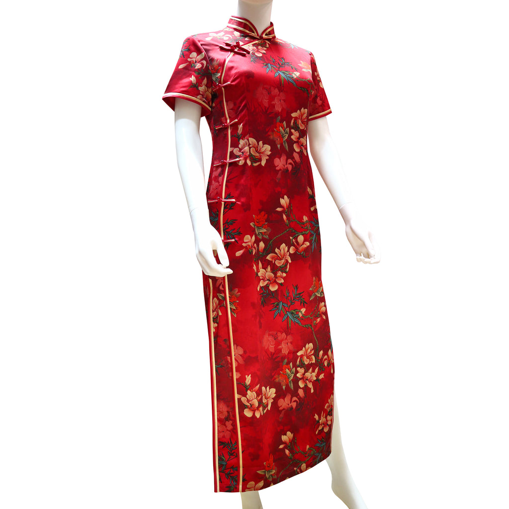 Short Sleeve Qipao - Red with Flowers