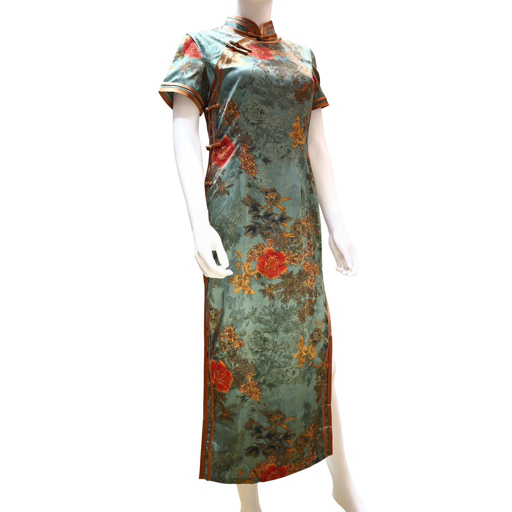Short Sleeve Qipao - Blue with Floral Pattern