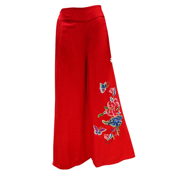 Wide Leg Pants with Floral Print - Red