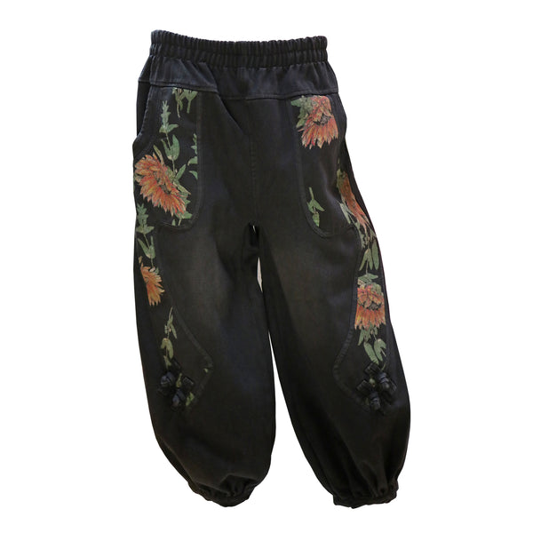 Jogger Pants with Flower Design - Black