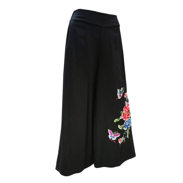 Wide Leg Pants with Floral Print - Black