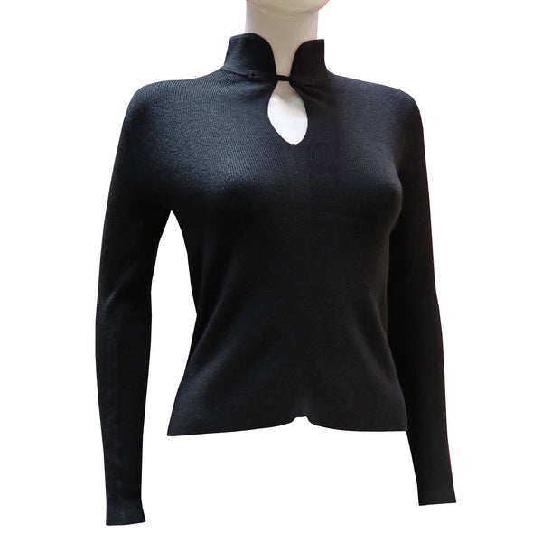 Long Sleeve Knitted Top with Mandarin Collar and Keyhole Neckline - Black