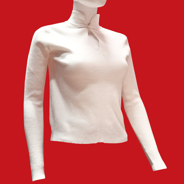 Long Sleeve Knitted Top with Mandarin Collar and Keyhole Neckline - White
