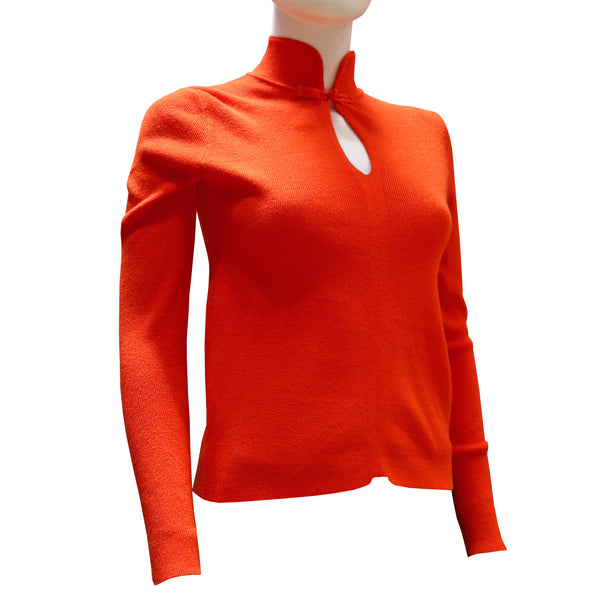 Long Sleeve Knitted Top with Mandarin Collar and Keyhole Neckline - Red