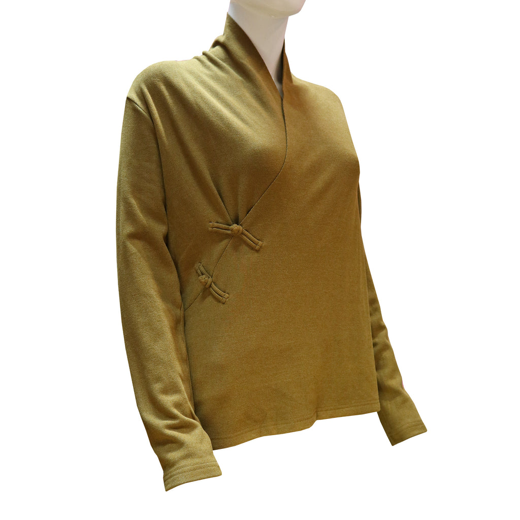 Long Sleeve Knitted Sweater with Pankou Buttons - Green