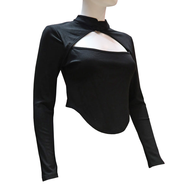 Long Sleeve Top with Mandarin Collar and Cut-Out Neckline - Black