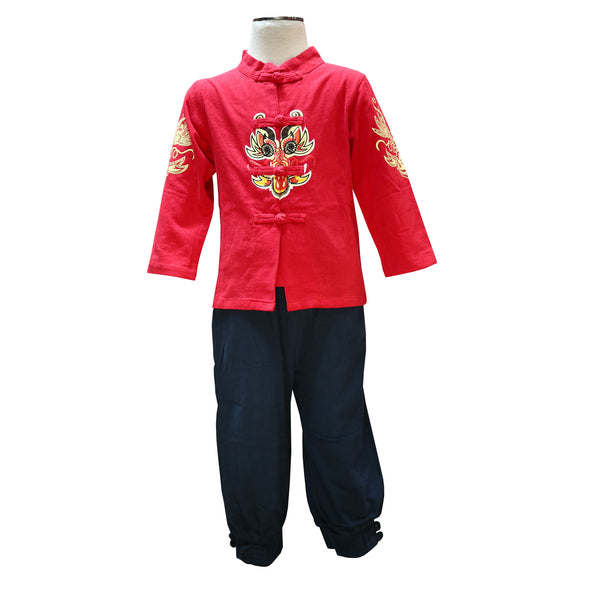 Kids Long Sleeve Tang Jacket with Dragon - Red