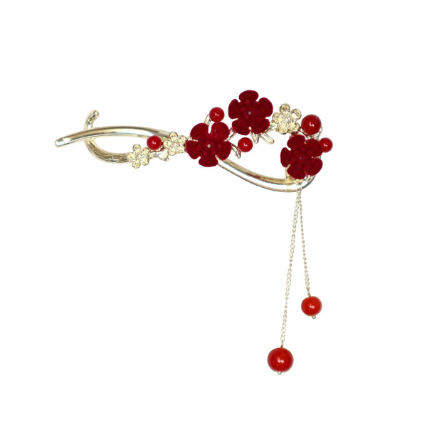 Hair Clip with Red Plum Blossoms