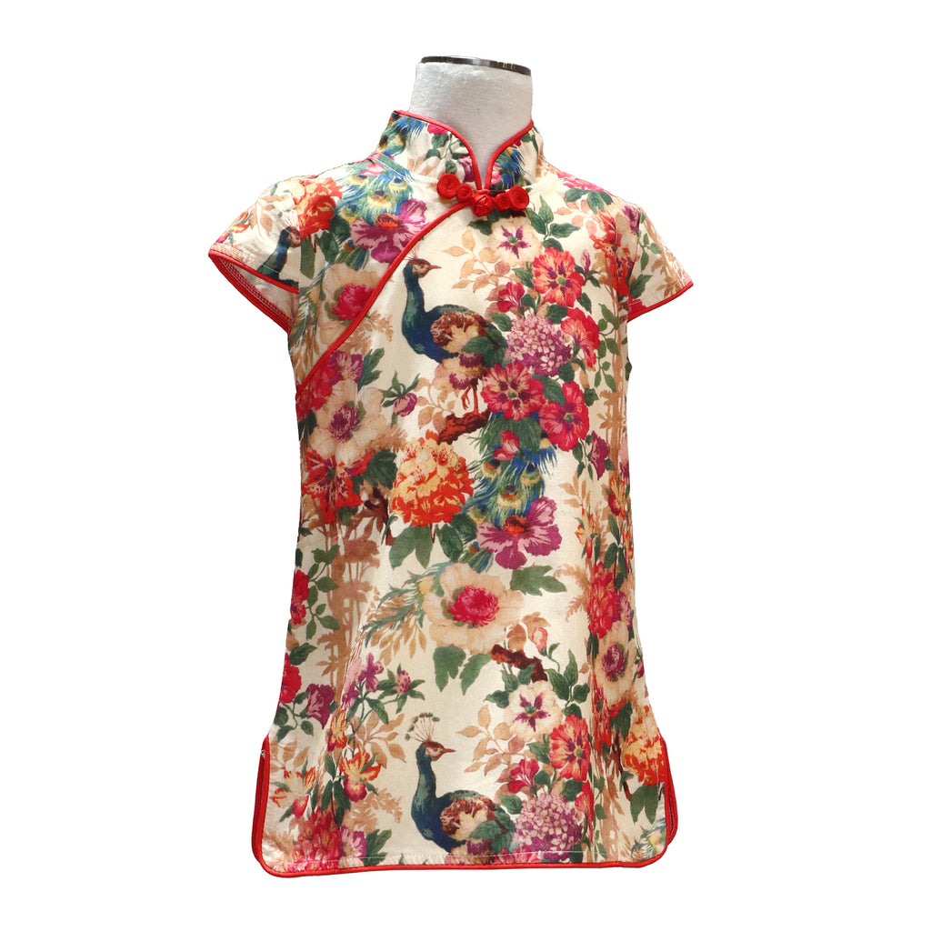 Girls Short Sleeve A-Line Qipao with Peacock and Floral Print