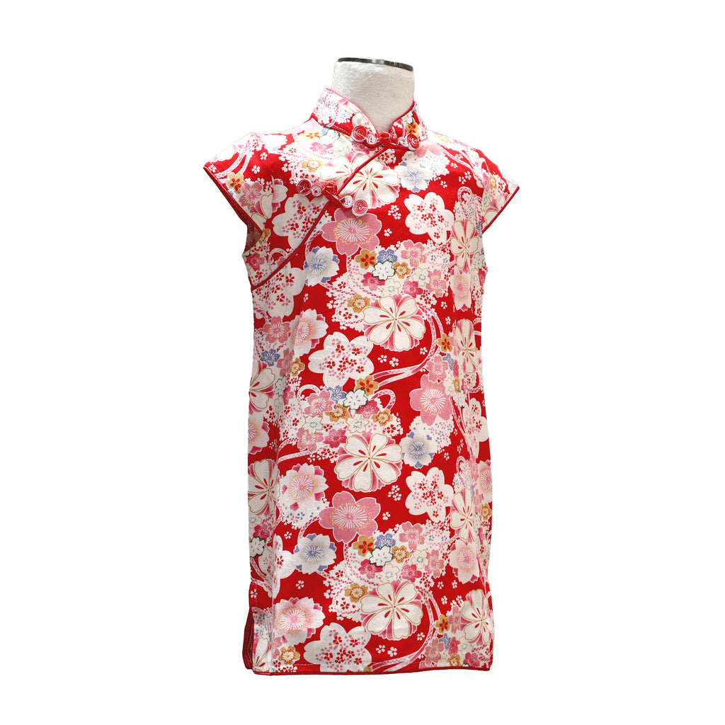 Girls Short Sleeve A-Line Qipao with Sakura Print - White on Red