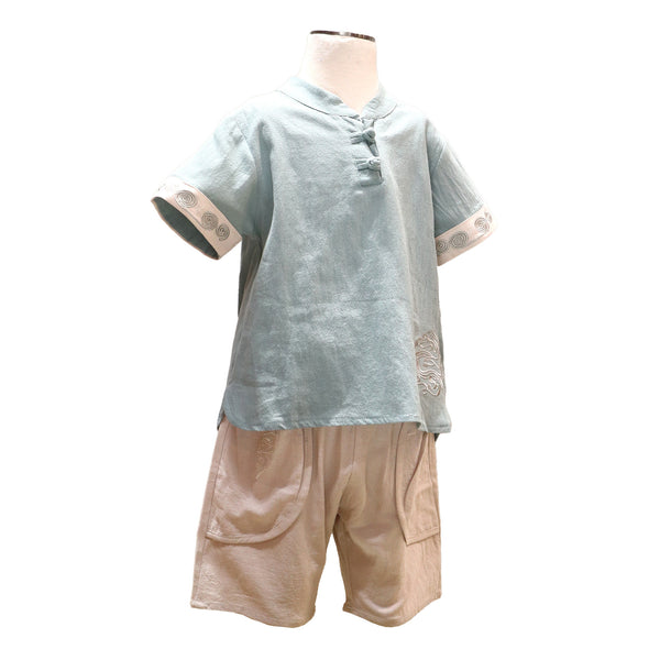 Kids Short Sleeve Tang Shirt with Pankou Button - Light Blue