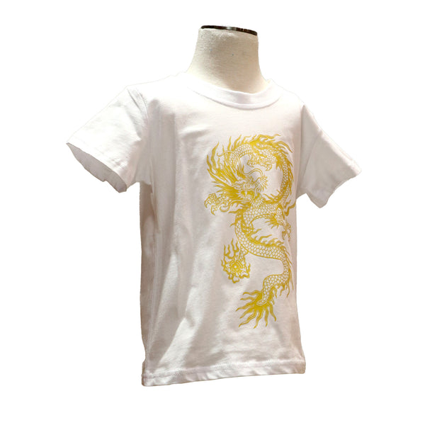 Kids Short Sleeve T-Shirt with Yellow Dragon Print - White