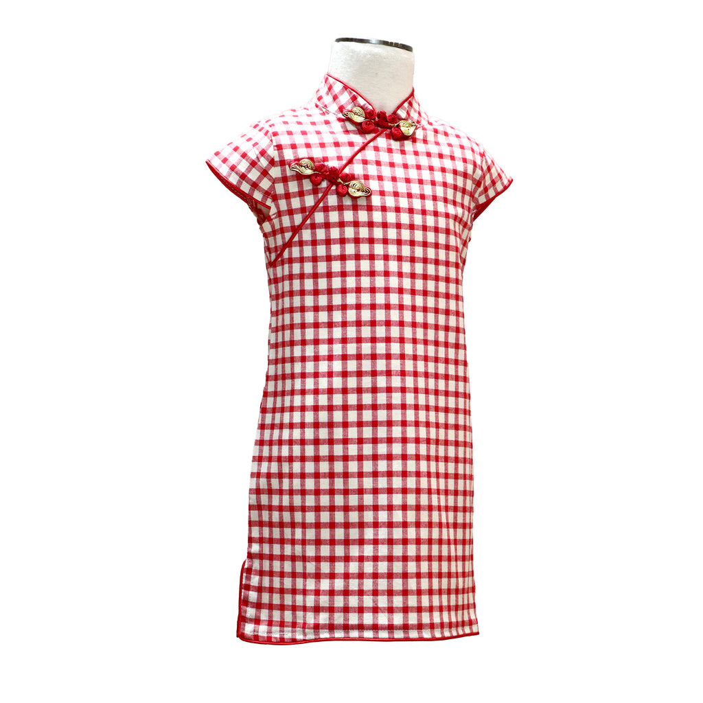 Girls Short Sleeve A-Line Qipao with Checkered Print - Red on White