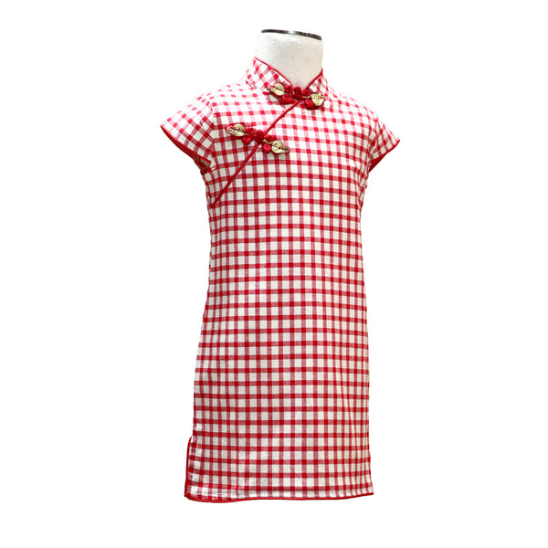 Girls Short Sleeve A-Line Qipao with Red Checkered Print