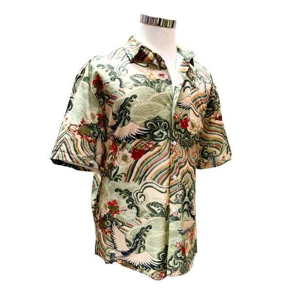 Short Sleeve Linen Shirt with Green Crane and Wave Design