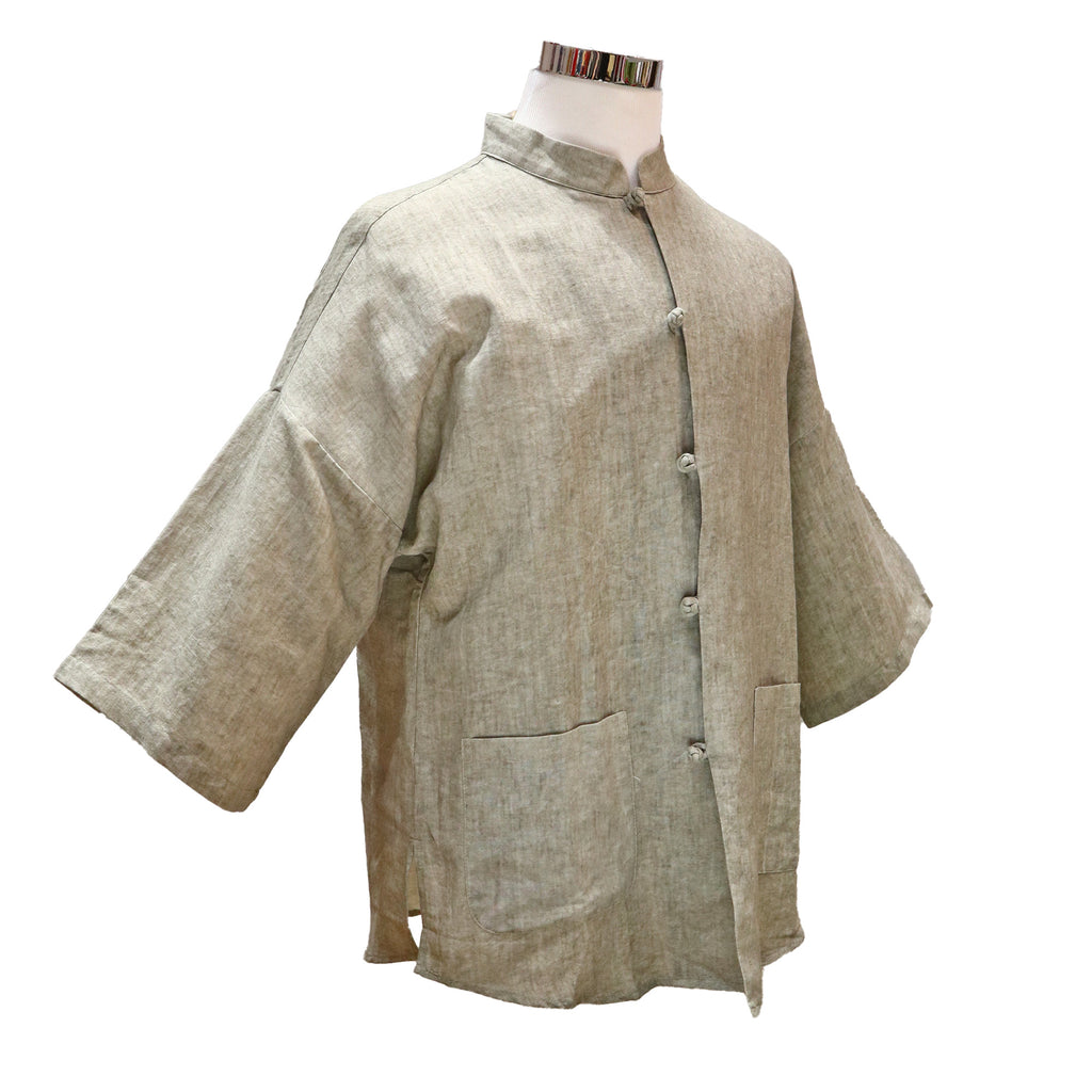 Short Sleeve Linen Tang Shirt with Mandarin Collar and Pankou Buttons - Beige