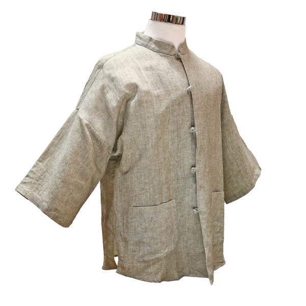 Three-Quarter Sleeve Linen Tang Shirt with Mandarin Color and Pankou Buttons - Beige
