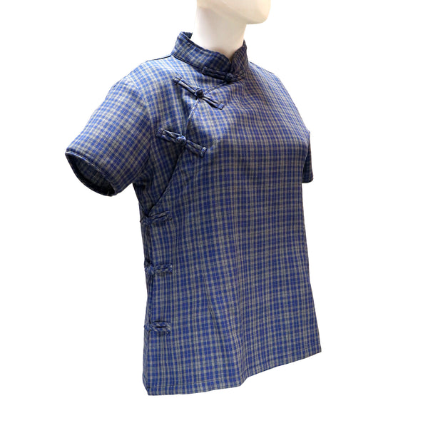 Short Sleeve Checkered Qipao Top with Mandarin Collar - Blue and Gray